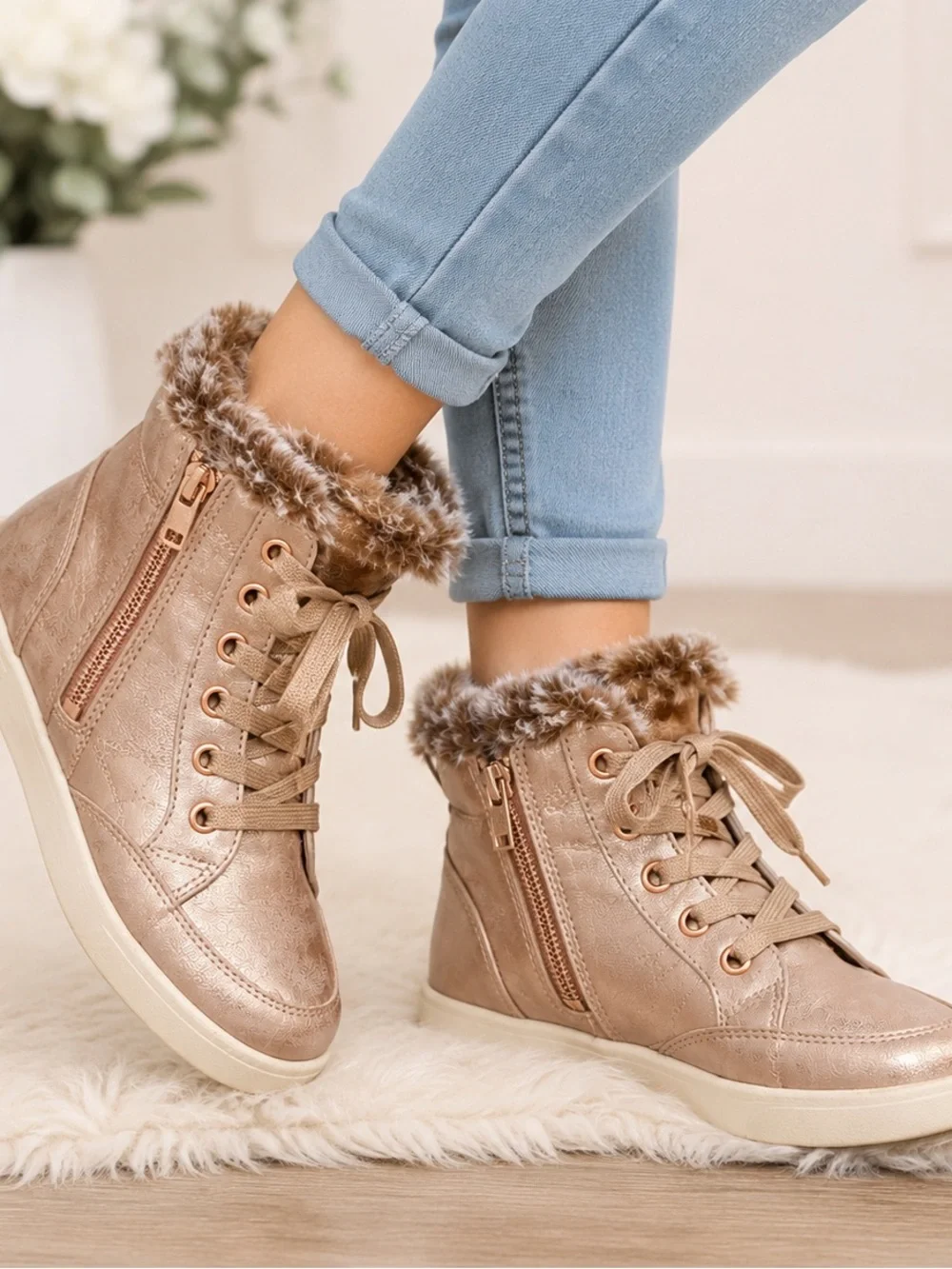 Justice Girls Rose Gold Faux Fur Lined High Top Winter Boots Size 6 Zip Lace Up